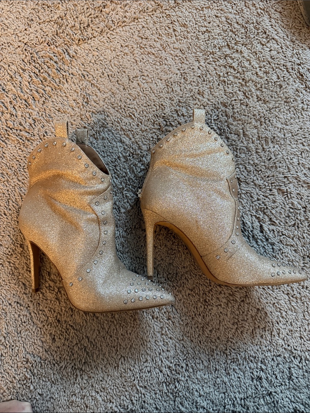 Glitter Studded Pointed-Toe High Heel Ankle Boots - Gold